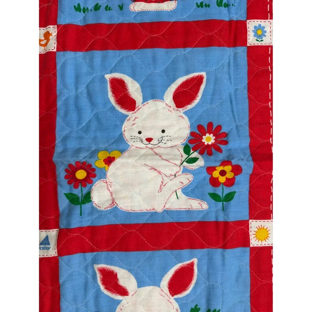 Vtg Bunny Quilt Blanket Crib Wall Hanging Applique Calico Floral Red Blue Ties